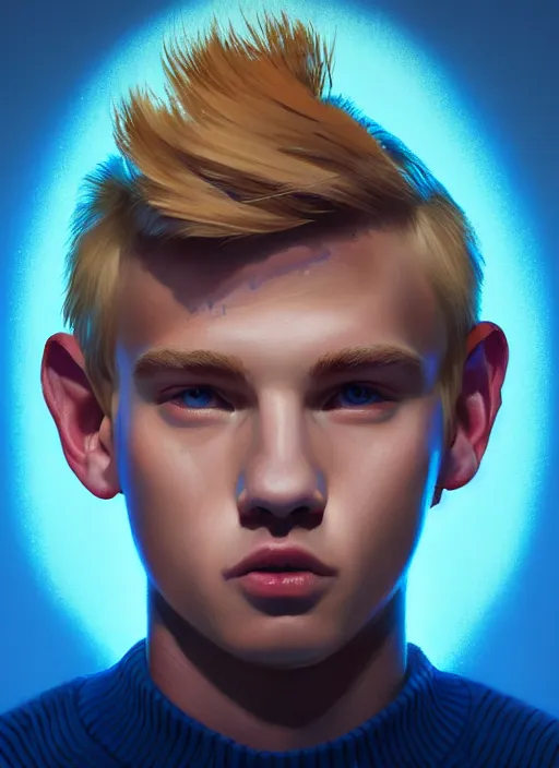 Image similar to portrait of high school senior boy named big moose, blonde short hair, jock, beefy, wide face, square jaw, square facial structure, blue varsity jacket with letter r, intricate, elegant, glowing lights, highly detailed, digital painting, artstation, concept art, sharp focus, illustration, art by wlop, mars ravelo and greg rutkowski