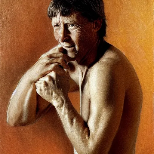 Prompt: Bill Gates with an shredded, toned, inverted triangle body type, painting by Gaston Bussiere, Craig Mullins, XF IQ4, 150MP, 50mm, F1.4, ISO 200, 1/160s, natural light
