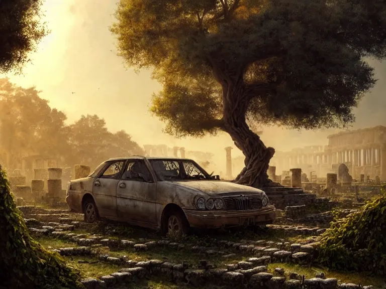 Image similar to a tree growing on a scrap car in ancient greek ruins, gray wasteland, many overgrown scrap cars, overgrown pillars and arches, vines, flowers, hyperrealistic, highly detailed, cinematic, ray of golden sunlight, beautiful, cgsociety, artstation, 8 k, oil painting by greg rutkowski, by artgerm, by wlop