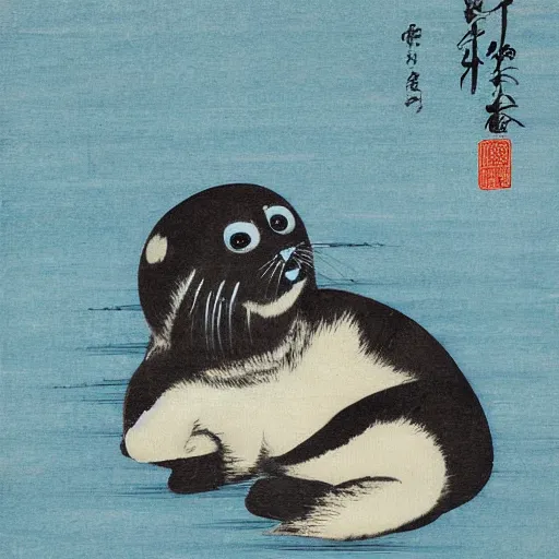 Prompt: baby harp seal 妖怪, Japanese painting