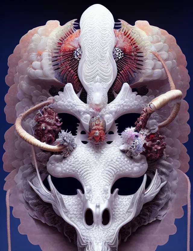 Image similar to 3 d goddess close - up 3 / 4 portrait with ram skull. beautiful intricately detailed japanese crow kitsune mask and clasical japanese kimono. betta fish, jellyfish phoenix, bio luminescent, plasma, ice, water, wind, creature, artwork by tooth wu and wlop and beeple and greg rutkowski