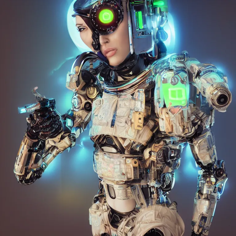 Prompt: high fashion photoshoot octane render portrait by wayne barlow and carlo crivelli and glenn fabry, subject is a robotic colorful neon glowing futuristic black ops tactical astronaut in the corner of a high - end exotic colorful pastel vintage boutique hotel lounge, very short depth of field, bokeh