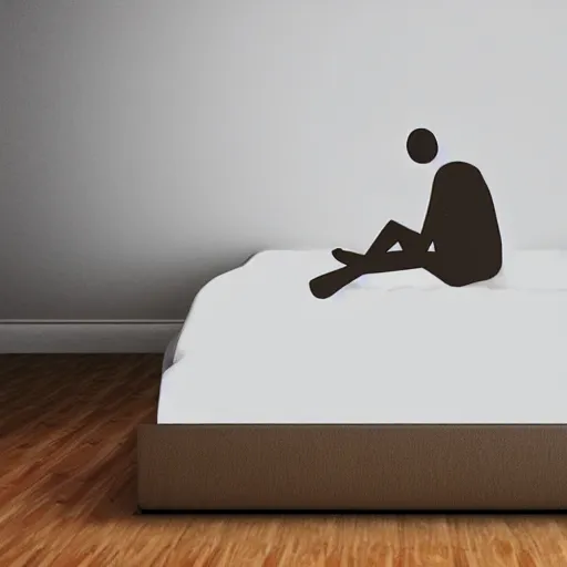 Image similar to digital art, stick figure sitting on the ledge of a bed, simplistic, creative