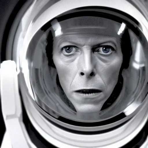 Image similar to film still of David Bowie as David Bowman in 2001 a space odyssey, 4k