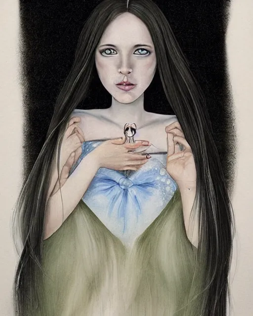 Prompt: a portrait of a beautiful young lady manifesting a psychic prayer that is surreally becoming a ghost dance as a cute and pretty mentally insane young woman inquisitively smirks at you. slender, pretty and stunning young woman with long straight black hair wearing English schoolgirl uniform, with mental insanity imagines an image of a psychic energetic state of lucid reality. ultra detailed painting at 16K resolution and epic visuals. epically surreally beautiful image. rendering amazing detail. vivid clarity. ultra shadowing. iridescent colors. mind-breaking latent space.