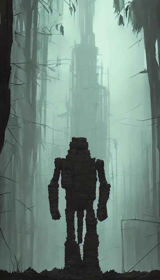 Image similar to stone golem, true evil, dormant, cyberpunk forest, nearby, sharp focus, james gilleard, cinematic, game art, extremely detailed digital painting, print