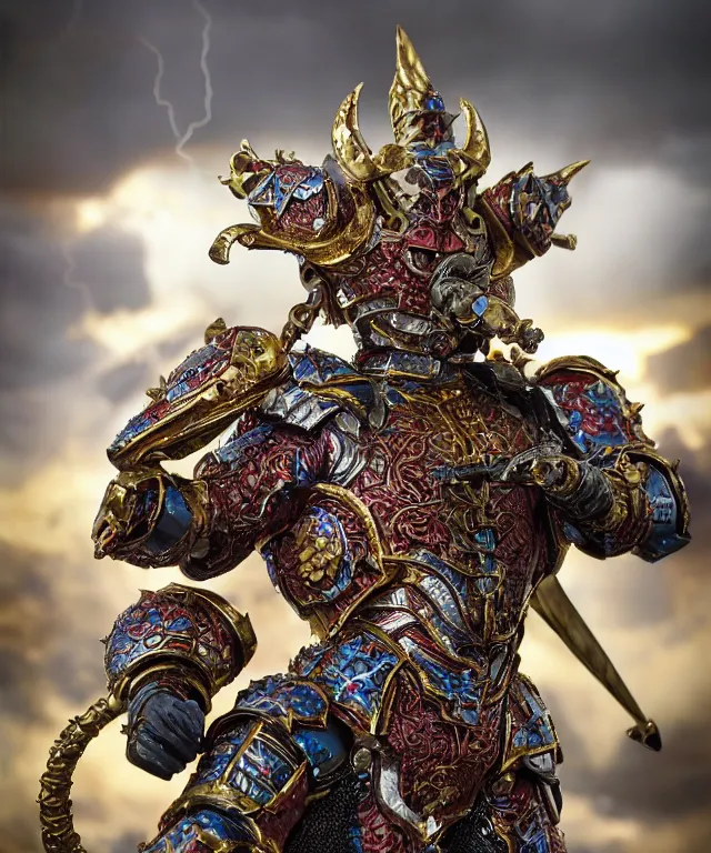 Image similar to hyperrealistic rendering, epic ornate supreme demon overlord, jewel crown, war armor battle, by art of skinner and richard corben, product photography, collectible action figure, sofubi, hottoys, storm clouds, outside, lightning