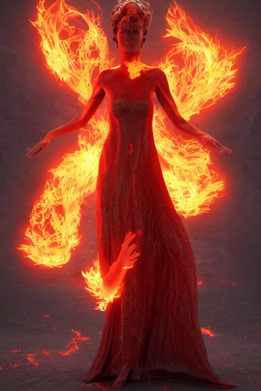 Prompt: 3 d digital render of a eldritch volcanic fire goddess clothed in a flaming gown, volcanic embers, magma, diffused lighting, hyperrealism, fantasy character art by laura zalenga and alexander holllow fedosav, 8 k dop dof hdr