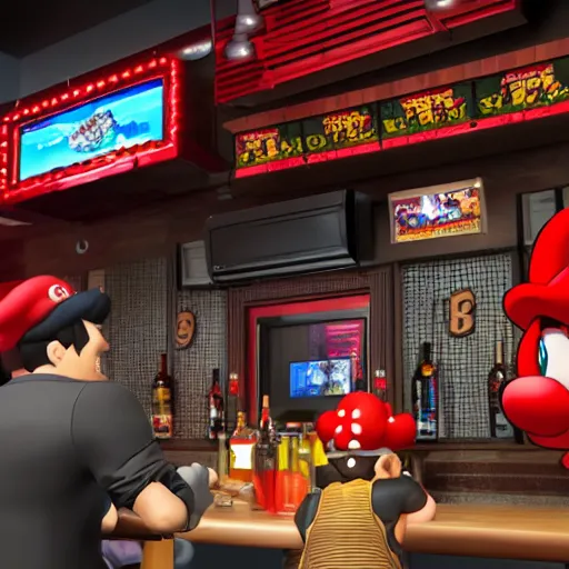 Image similar to an ultradetailed 3 d render of shadow the hedgehog and bowser sitting in a bar drinking beer, dive bar with a karaoke machine, volumetric lighting, 4 k, octane render, in the style of mario and sega