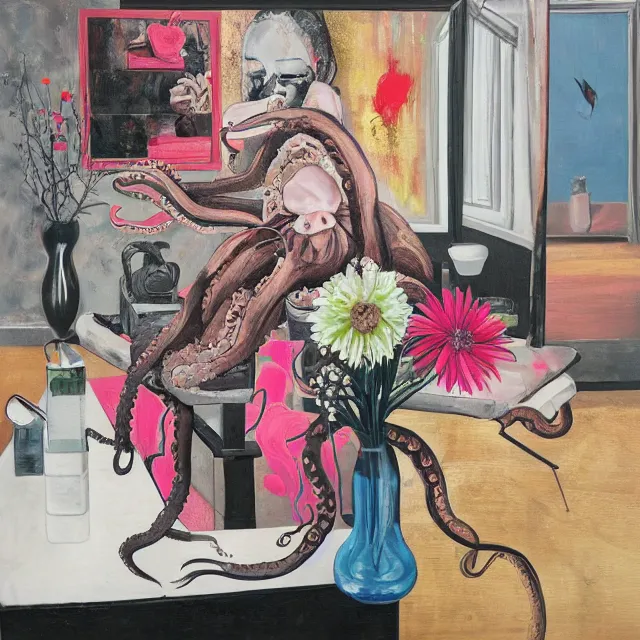 Image similar to empty room with black walls, sensual portrait of a female pathologist, octopus mural, spilled vase of flowers and water, squashed berries, neo - expressionism, surrealism, acrylic and spray paint and oilstick on canvas