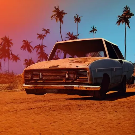 Prompt: wide shot epic car on fire post apocalyptic landscape wasteland miami desert fire craters natural disasters miami beach sunset fucked up palm trees landscape on fire 80s retrowave unreal engine fallout style far cry