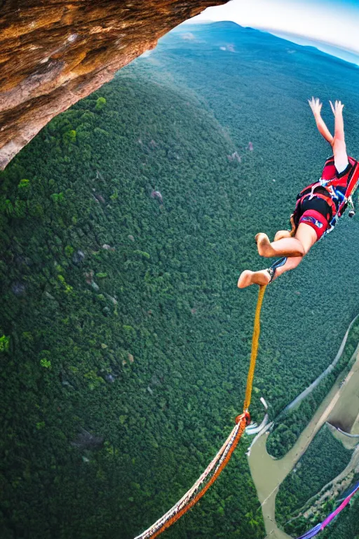 Prompt: bungee jump of a tiger flying with a large parachute jumping from a mountain cliff, wide angles lens