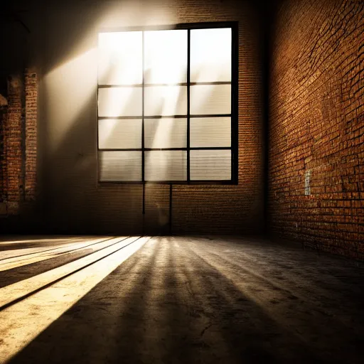 Image similar to Inside of a warehouse with sunrays shining through the windows with bullet shells laying on the floor and a body laying in the background against a wall, tarantino style, photorealistic, 4k,