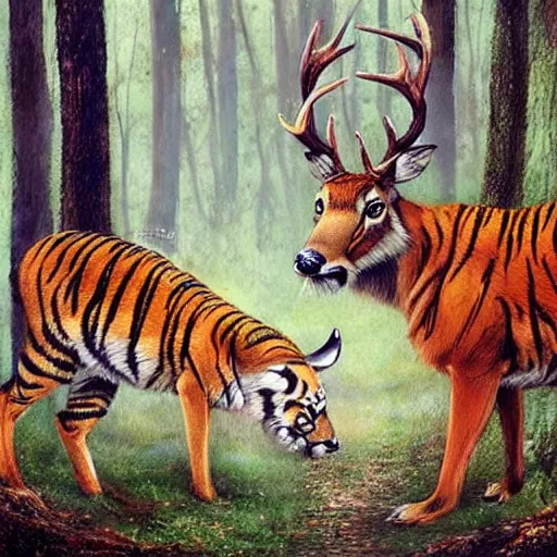 Image similar to !!! deer and!!! tiger standing close to each other in sherwood forest by esao andrews