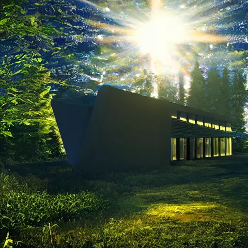 Image similar to solarpunk chapel building, high tech futuristic gothic, in nature with nothing else around, beautiful ambient lighting, forest and mountains and beams of light, realistic photo