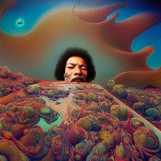 Image similar to ultrawide angle colour masterpiece surreal closeup portrait photography of jimi hendrix playing on stage by miho hirano and annie leibovitz and michael cheval, weird surreal epic psychedelic complex biomorphic 3 d fractal landscape in background by kilian eng and roger dean and salvador dali and beksinski, 8 k