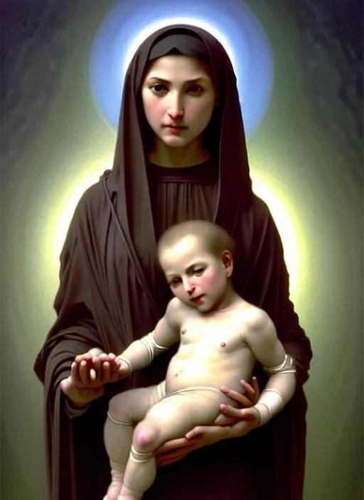 Image similar to realistic detailed 8k photo of futuristic holy cyborg-robotic-mother holding a newborn baby child in hands by Raphael Santi, William-Adolphe Bouguereau, orthodox icon Neo-Gothic, gothic, rich deep colors. masterpiece, intricate artwork by Tooth Wu and wlop and beeple, greg rutkowski. still from a 2021 movie by Terrence Malick, Tarkovsky, Gaspar Noe, James Cameron,