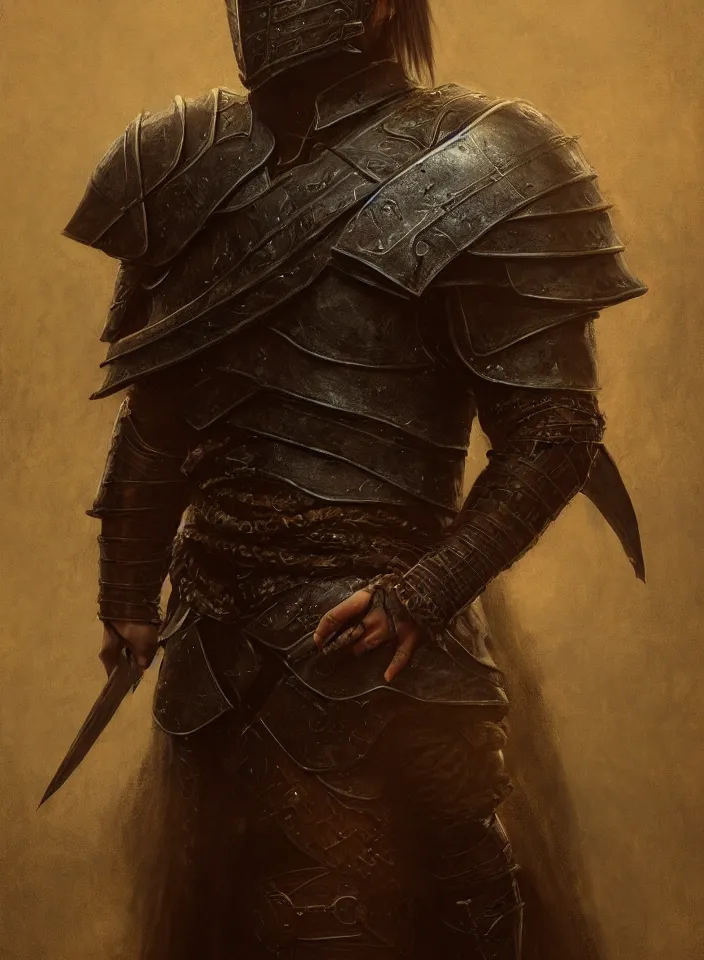 Prompt: a portrait of an nord warrior wearing leather armor from skyrim, fantasy setting, dark environment, serene colors, soft lighting, atmospheric, cinematic, moody, in the style of diego koi, gina heyer, luiz escanuela, art by alyssa monk, hyperrealism, rule of thirds, golden ratio, oil on canvas, 8 k