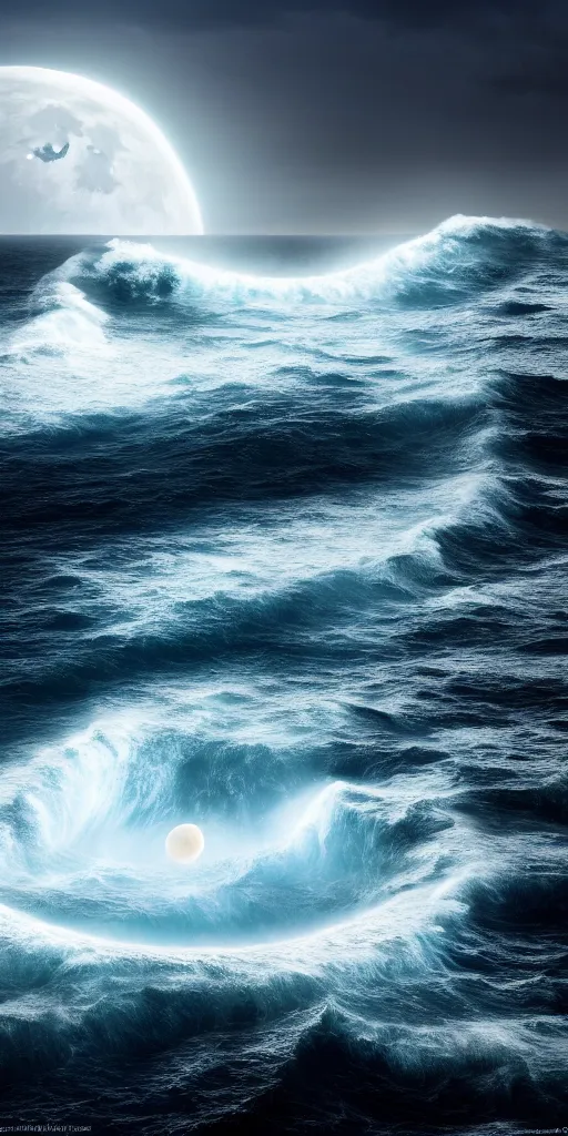 Image similar to the ocean, ocean splitting in two halves in the foreground, wall of water either side, biblical, moses, during lunar eclipse, by stephen king, storm of all storms, end of the world, nature, cinematic, hyperrealistic, evil, dark, cgsociety, 8 k