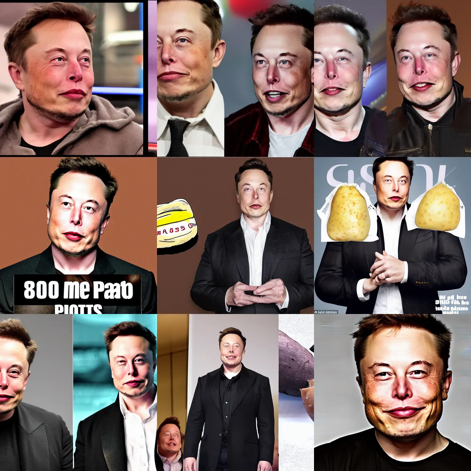 Prompt: elon musk face is a potato, potato skin, bag of potatoes s 1 0 0