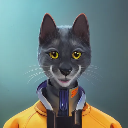 Prompt: Portrait painting an anthropomorphic gray cat wearing a jacket and a collar, as an Overwatch character, medium shot, asymmetrical, profile picture, Organic Painting, sunny day, Matte Painting, bold shapes, hard edges, street art, trending on artstation, by Huang Guangjian and Gil Elvgren and Sachin Teng