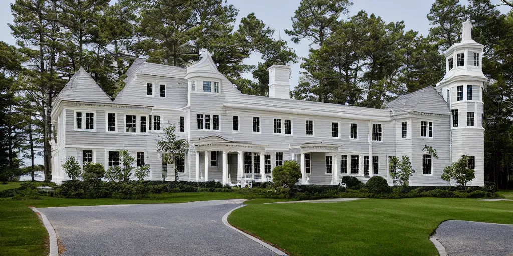 Prompt: grey brick wooden cape cod with pine trees and tile white black mansion by mcalpine house, by jackson & leroy architects