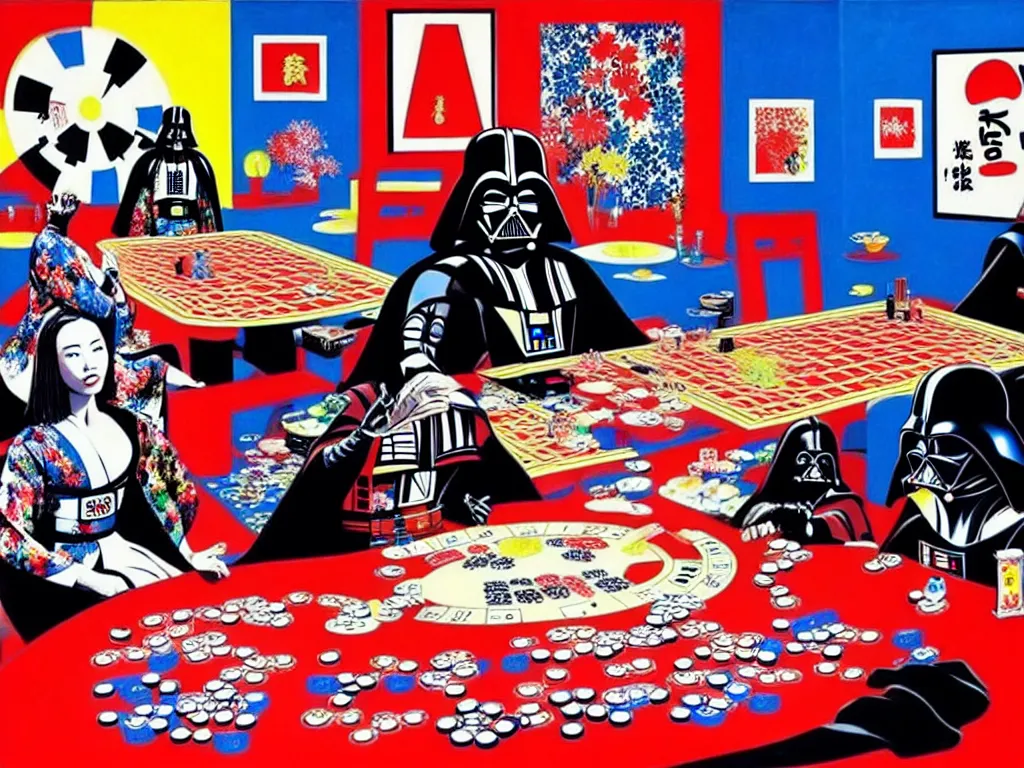 Image similar to hyper - realistic composition of a room with an extremely detailed poker table, woman in traditional japanese kimono standing nearby, darth vader sitting at the table, fireworks in the background, pop art style, jackie tsai style, andy warhol style, acrylic on canvas, dull palette