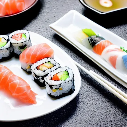 Prompt: a photo of sushi on a plate, recipe, beautiful lighting, high detail,