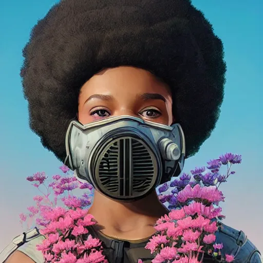 Image similar to a young black girl with afro puffs wearing a gas mask in a field of flowers, Apex Legends character, digital illustration portrait design, by android jones and greg rutkowski, retrowave color scheme, detailed, cinematic lighting, wide angle action dynamic portrait