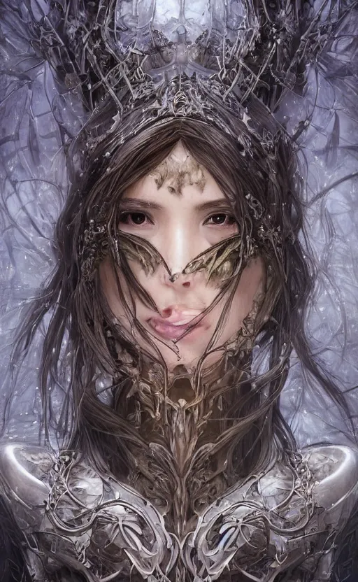 Prompt: a professional portrait of a beautiful young female, clothed in ethereal battle armor, olive skin, long dark hair, beautiful bone structure, symmetrical facial features, deep forest psytrance Neo-Gothic concept, infinity glyph waves, intricate artwork masterpiece, very coherent artwork, cinematic, full frontal facial features by Artgerm, Takato Yamamoto, Zdizslaw Beksinski, Johnatan Wayshak, Moebius, Ayami Kojima, very coherent artwork, trending on cgsociety, ultra high quality model, production quality cinema model, high detail chromatic ink outline, octane render, unreal engine 8k, hyper realism, high detail, octane render, unreal engine, 8k, High contrast