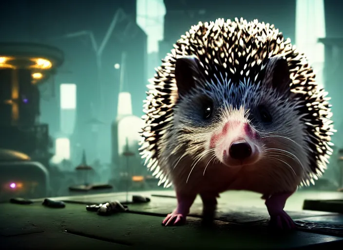 Prompt: portrait of a billy butcher hedgehog, on the background of a weird magical mechanical forest. Very detailed 8k. Fantasy cyberpunk horror. Sharp. Cinematic post-processing. Unreal engine. Nanite. Ray tracing. Parallax. Tessellation