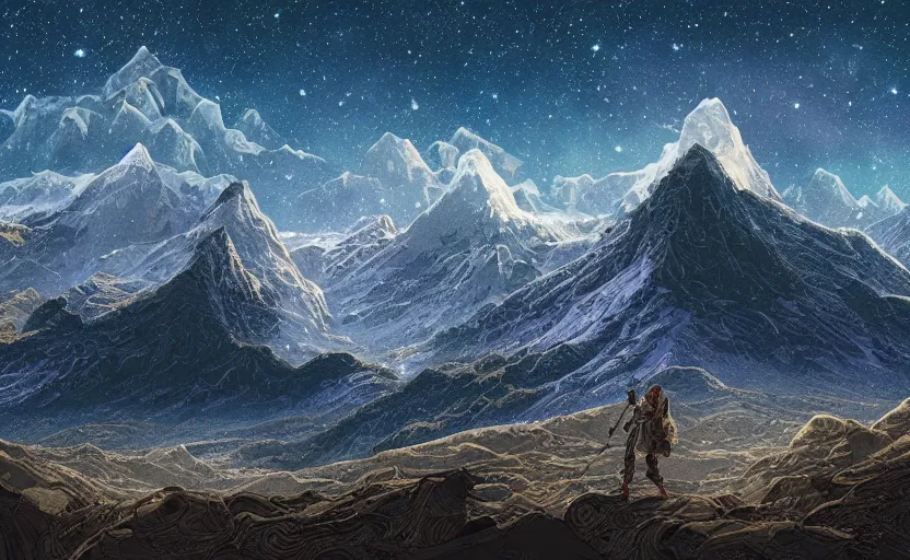 Prompt: mountains, stars and paisley filled sky, artstation, intricate, highly detailed, digital painting, concept art, sharp focus, illustration by Charles Williams and James Jean