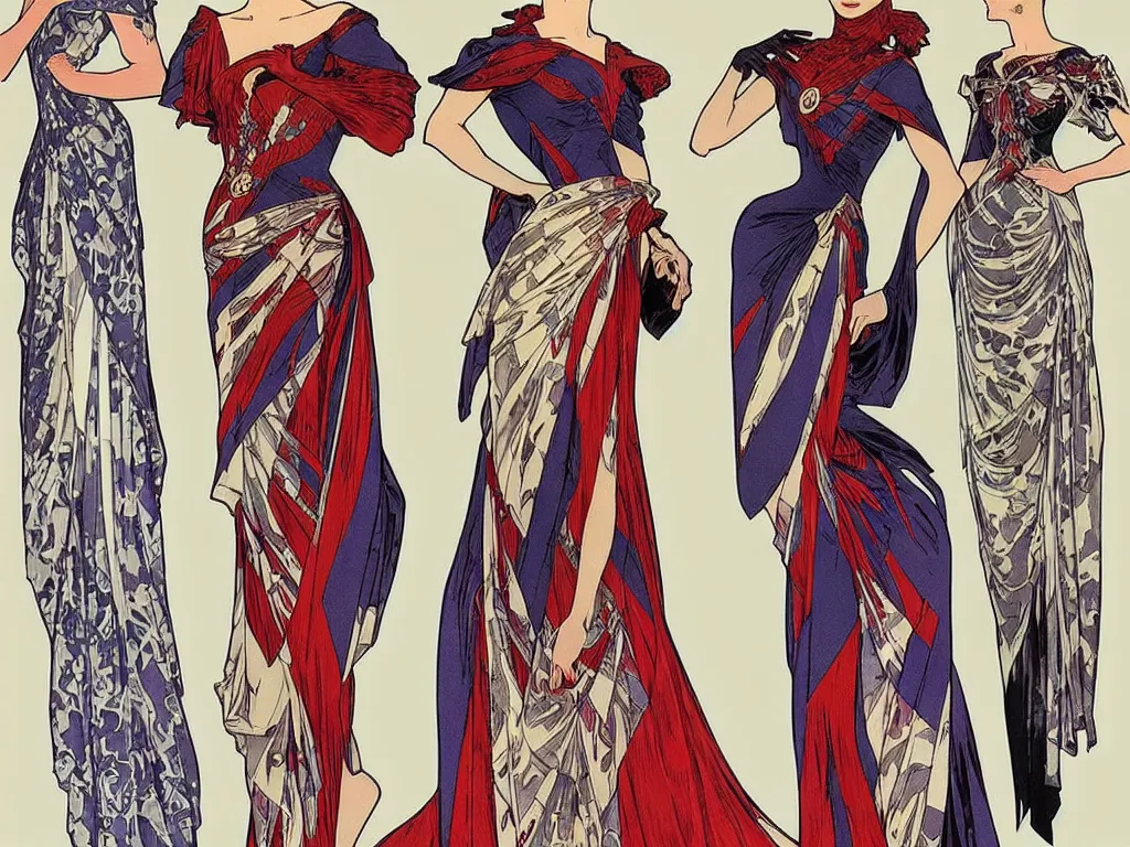 Image similar to 4 elegant full length spider man dress designs with natural history prints designed by alphonso mucha