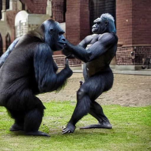 Prompt: a silverback gorilla beating up a church nun