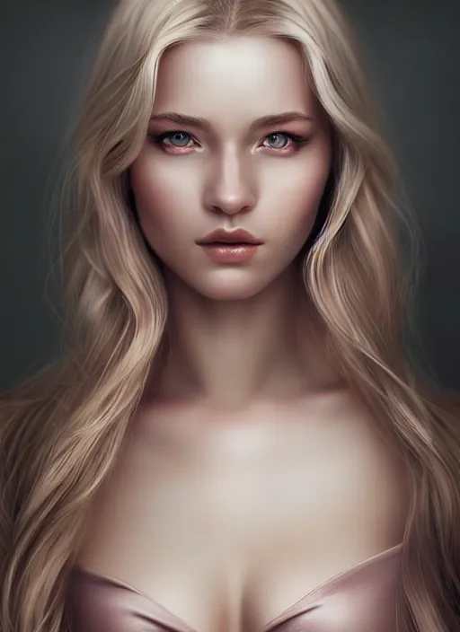 Image similar to a gorgeous scandinavian female photo, professionally retouched, soft lighting, realistic, smooth face, full body shot, torso, dress, perfect eyes, sharp focus on eyes, 8 k, high definition, insanely detailed, intricate, elegant, art by artgerm and jason chan