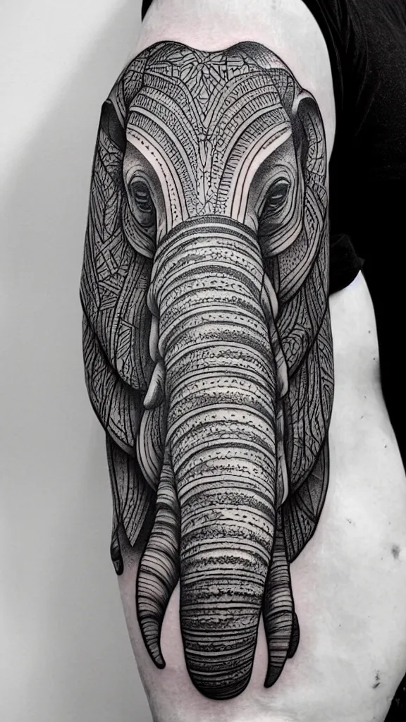 Image similar to small realistic fine line art tattoo of a stylized elephant with abstract geometric patterns, fine line tattoo, highly detailed, hd, concept