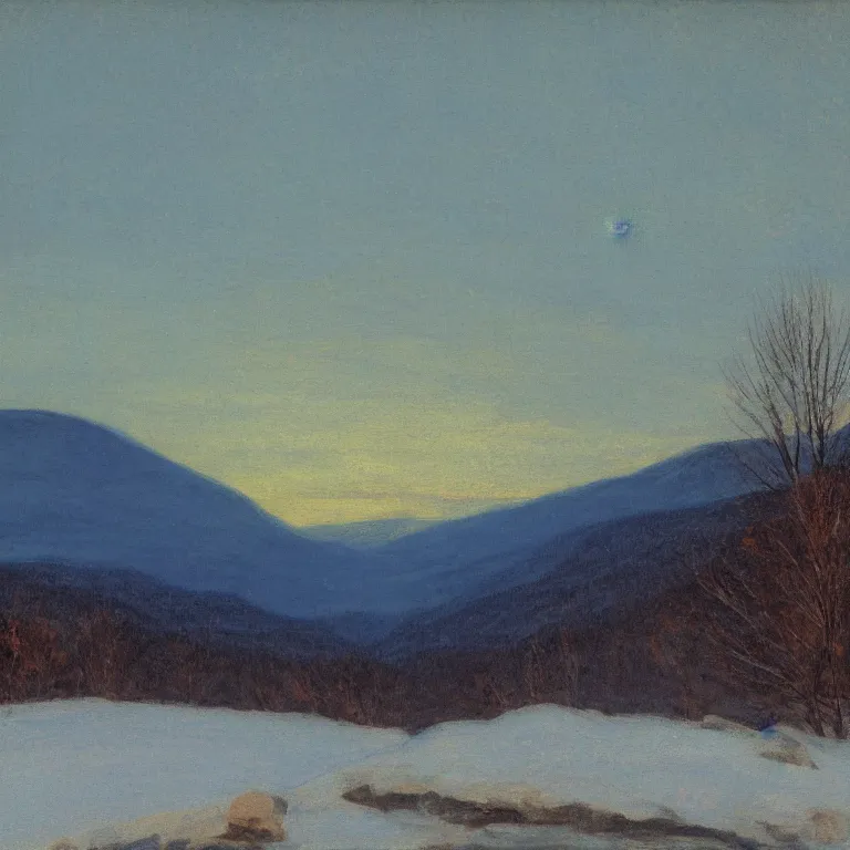 Prompt: new hampshire, mountains, winter, night, luminous, admiral blue palette, abbott handerson thayer, glaze oil painting