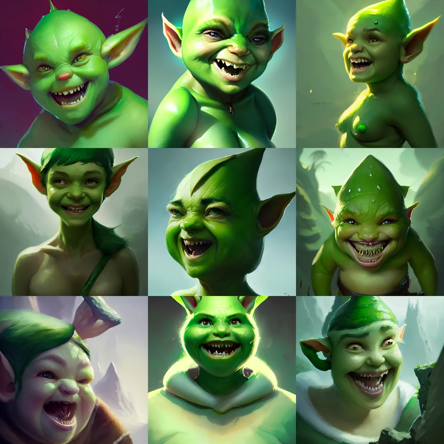 Prompt: short chubby elf with green skin, large pointy ears, rounded face, cute pointy teeth, artstation, concept art, smooth, sharp focus, natural lighting, art by sebastien begue and greg rutkowski