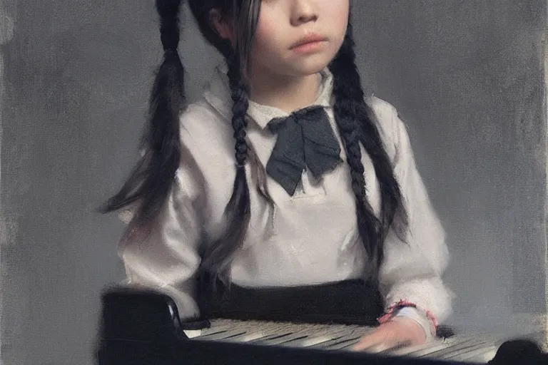 Prompt: “ little girl, pigtails hairstyle, practicing at the piano, jeremy lipking, casey baugh ”