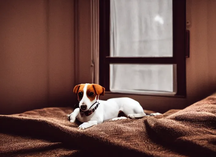 Prompt: photography of a jack russel. watching outside the window. on a bed. in a vintage room full of vinyls and posters, volumetric light, photorealistic, award winning photo, 1 0 0 mm, sharp, high res