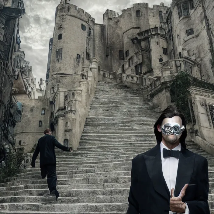 Image similar to cinematic movie, background is castle and steps, with a man wearing a silver melt mask, silver wavy long hair, black suit, 4 k