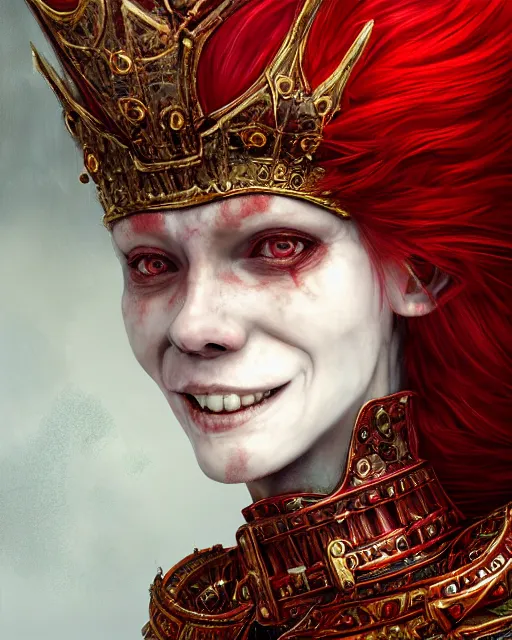 Prompt: redhead queen in heavy red armor, inside an epic gothic castle, baroque, large crown, face with scars, mad grin, insane smile, intimidating, ominous, high fantasy, intricate detail, digital painting, artstation, concept art, smooth, sharp focus, illustration, art by yoshitaka amano and monia merlo and wlop