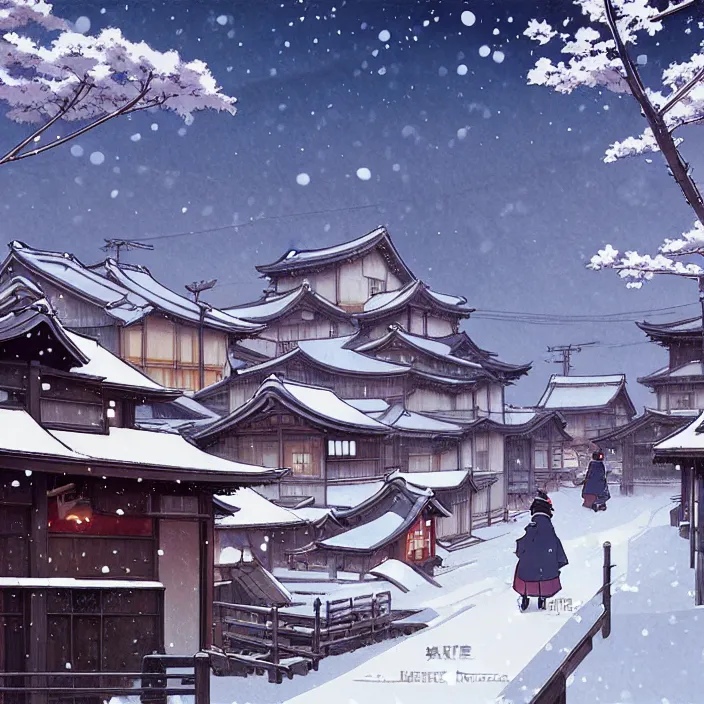 Image similar to japanese rural town, winter, in the style of studio ghibli, j. c. leyendecker, greg rutkowski, artem