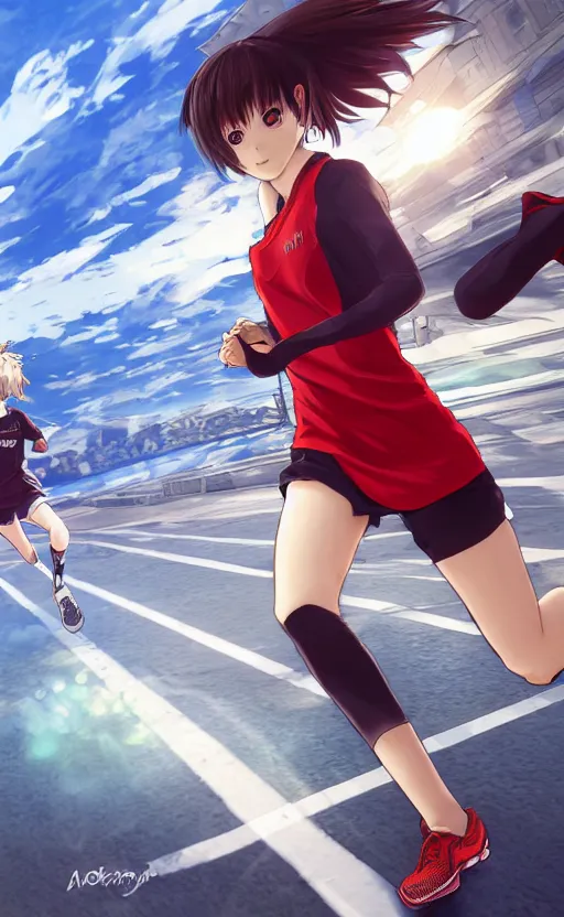 Image similar to anime style, girl is running, red sport clothing, marathon race, brown short hair, hair down, symmetrical facial features, from arknights, gta 5, hyper realistic, rule of thirds, extreme detail, detailed 4 k drawing, safebooru, realistic lighting, by alphonse mucha, greg rutkowski, sharp focus, backlit