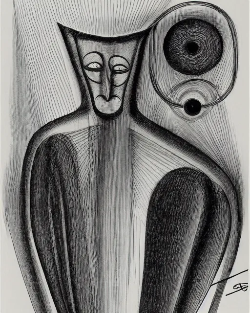 Image similar to portrait of a demon. Line drawing by Oskar Schlemmer. Pen and ink by Dali.