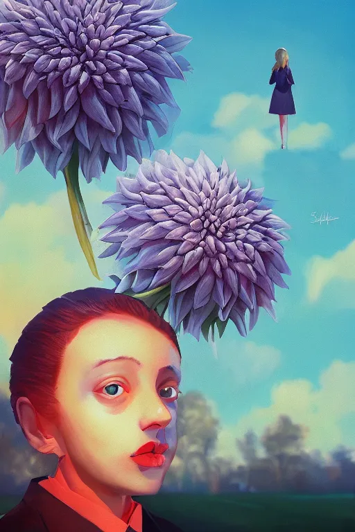 Prompt: closeup giant dahlia flower head, girl in a suit, street, surreal photography, blue sky, sunrise, dramatic light, impressionist painting, digital painting, artstation, simon stalenhag