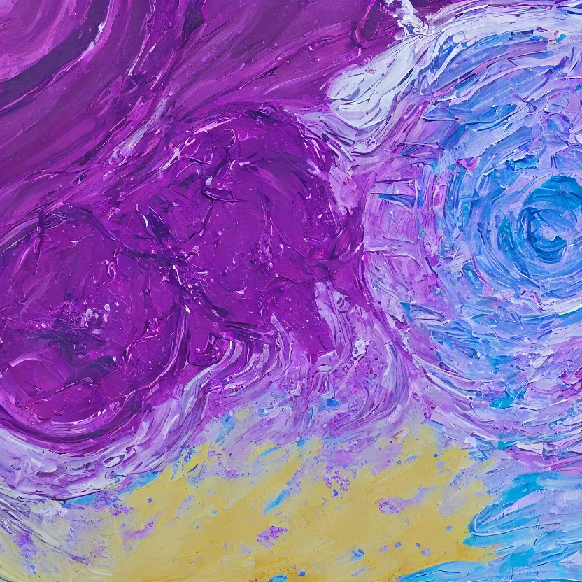 Image similar to abstract multiple layers of purple and blue shades paint dripping and running in a circular pattern, oil on canvas, detailed