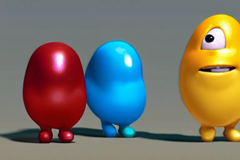 Image similar to an anthropomorphic jelly bean, moving a box, pixar