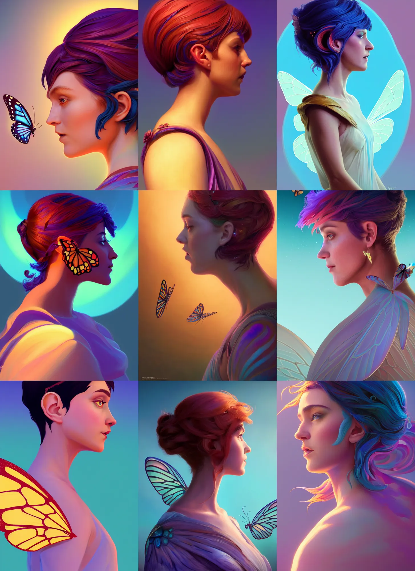 Prompt: side profile centered painted portrait, Ellen Paige as a pixie, butterfly wings on her back, D&D, Gloomhaven, matte painting concept art, art nouveau, beautifully backlit, swirly vibrant color lines, fantastically gaudy, aesthetic octane render, 8K HD Resolution, by ilya kuvshinov and Cushart Krentz and Gilleard James