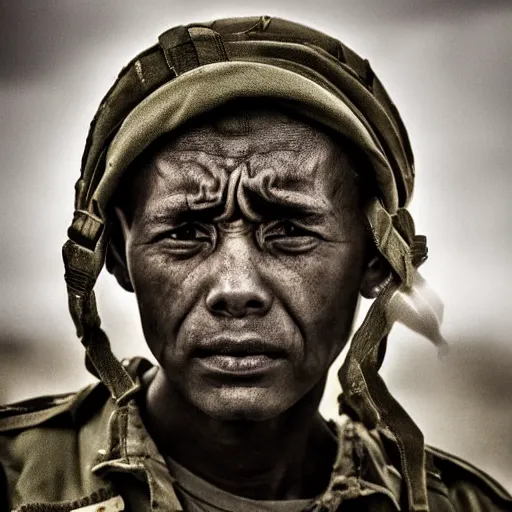 Image similar to soldier!!!!! portrait!!!!! pain, eyes, shoulders, sadness, soft focus, national geographic